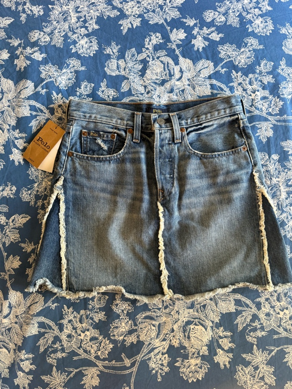 Ralph Lauren Denim Mini Skirt in Blue with Frayed Trim